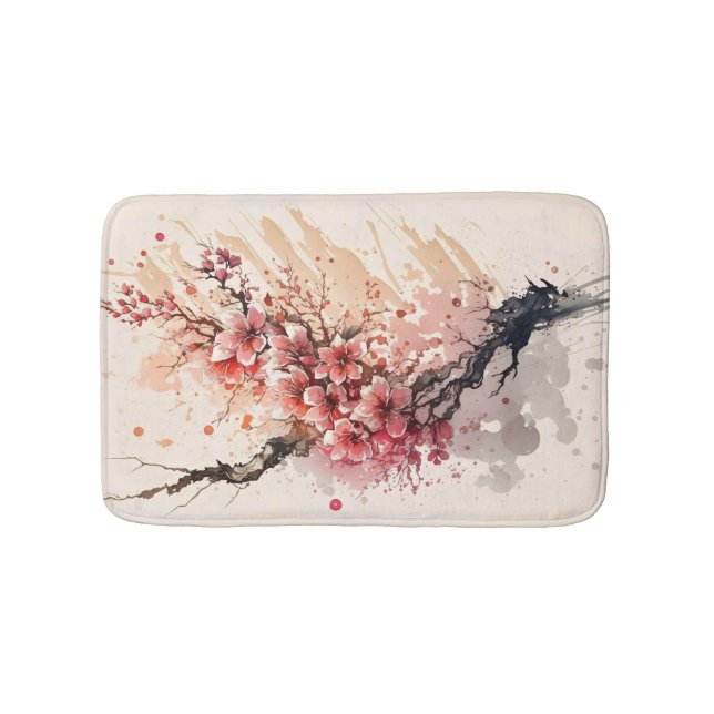 Tapis De Bain Fleurs aquarelles de cerisier rose rouge floral  (Devant)