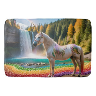 Tapis De Bain Fleurs arc-en-ciel Unicorn Green Trees Lac de casc