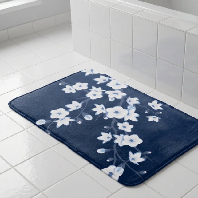 Tapis De Bain Fleurs Bleu Marine Blanc (Créateur téléchargé)