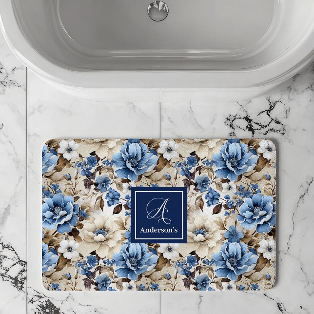 Tapis De Bain Fleurs Bleu Marine Sophistiquées Bain Personnalisé (Sophisticated Navy Blue Flowers Personalized Bath Mat)