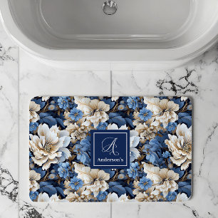 Tapis de Bain Fleurs Bleues et Blanches Classiques