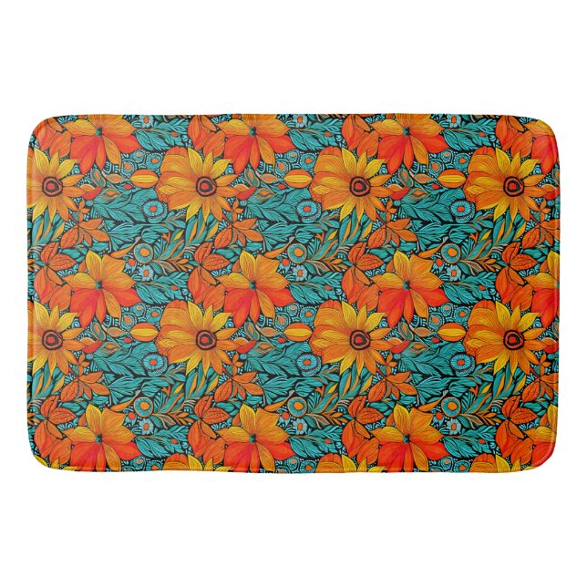 Tapis De Bain Fleurs Boho Bleu et Orange  (Devant)