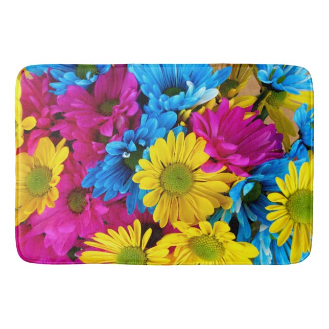Tapis De Bain Fleurs colorées, marguerites - Rose Jaune Bleu (Devant)