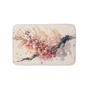 Tapis De Bain Fleurs d'aquarelle en fleur de cerisier rouge rose