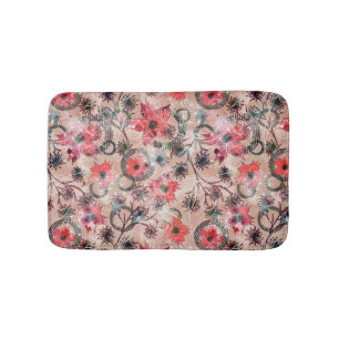 Tapis De Bain Fleurs d'aquarelle rouge sur beige.