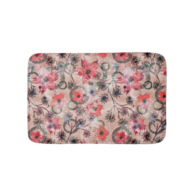 Tapis De Bain Fleurs d'aquarelle rouge sur beige. (Devant)