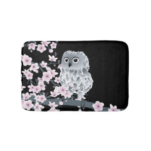 Tapis De Bain Fleurs de cerises de chouette rose noire