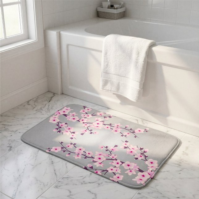 Tapis De Bain Fleurs de cerisier rose gris (Créateur téléchargé)