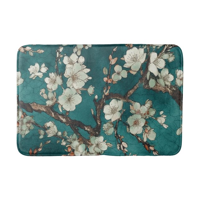 Tapis De Bain Fleurs de cerisiers rose pâle sur Aqua Arrière - p (Devant)