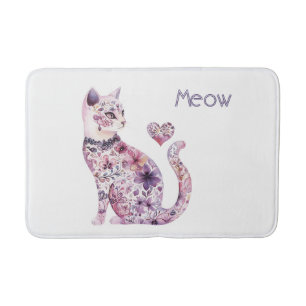Tapis De Bain Fleurs de chat d'anniversaire Cœurs Blanc Rose Vio