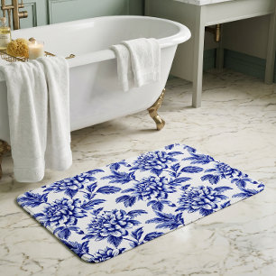 Tapis De Bain Fleurs de dahlia bleues et blanches Toile de Jouy