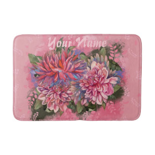 Tapis De Bain Fleurs de dahlias roses aquarelle
