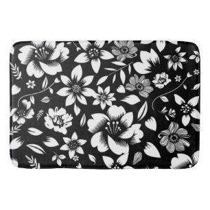 Tapis De Bain Fleurs de feuilles florales modernes noir blanc qu