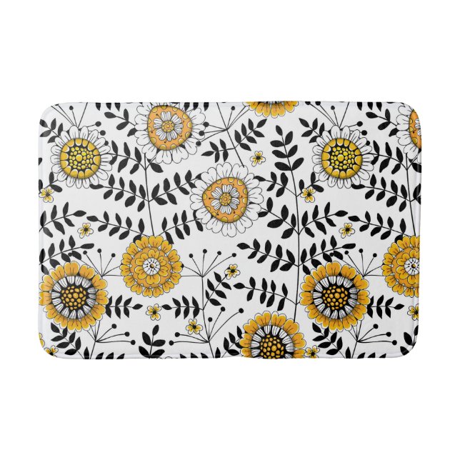 Tapis De Bain Fleurs de gribouillis et feuilles en jaune et noir (Devant)