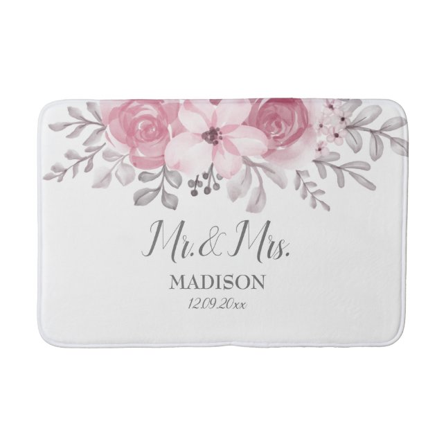 Tapis De Bain Fleurs de mariage romantiques aquarelle rose M & M (Devant)