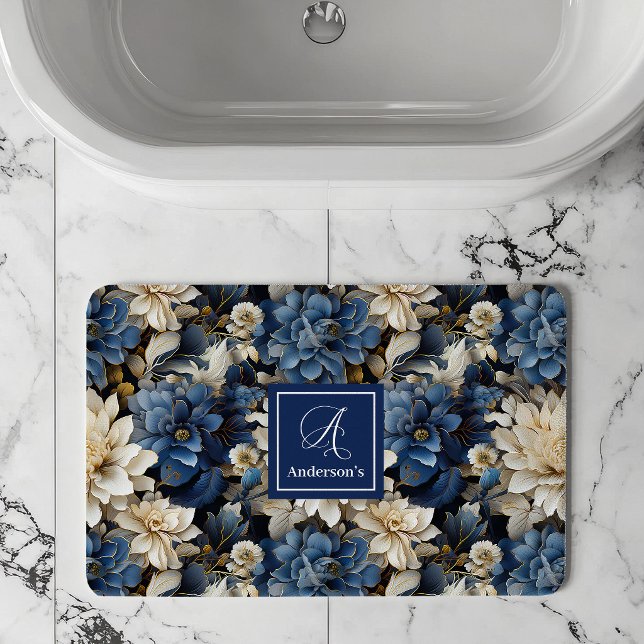 Tapis de Bain Fleurs de Marine de Luxe Nom Personn (Luxury Navy Flowers Custom Name Floral Bath Mat)