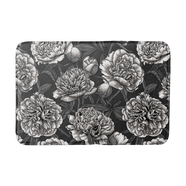 Tapis De Bain Fleurs de pivoines blanches sur gris foncé (Devant)