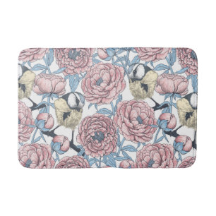Tapis De Bain Fleurs de pivoines et oiseaux