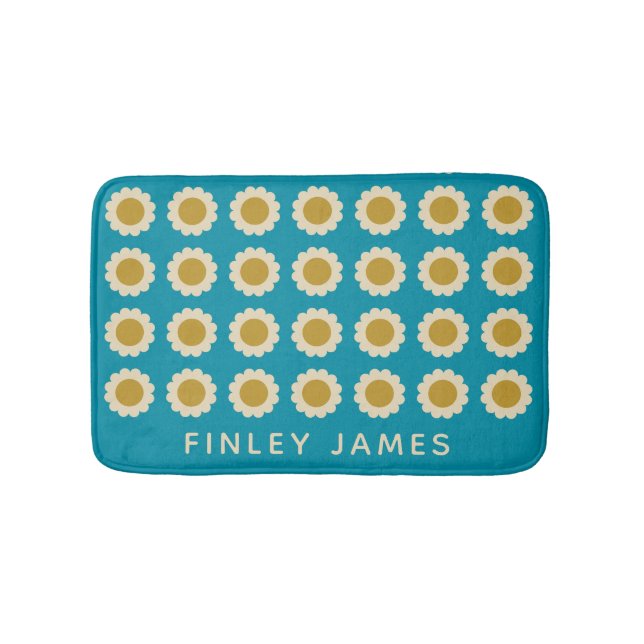 Tapis De Bain Fleurs de Pop Retro Motif Turquoise Personnalisé (Devant)