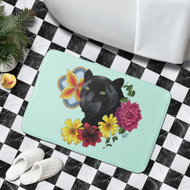 Tapis De Bain Fleurs de Portrait Jaguar Noir (Créateur téléchargé)