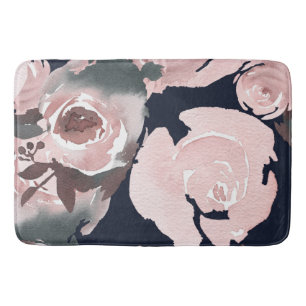 Tapis De Bain Fleurs de rose aquarelle rose foncé bleu marine fl