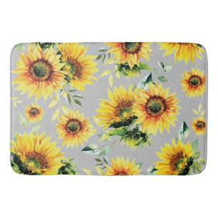 Tapis De Bain Fleurs de soleil d'aquarelle sur le bain gris
