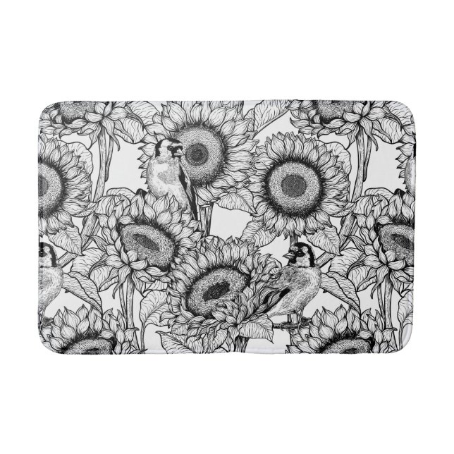 Tapis De Bain Fleurs de soleil et ailerons en noir et blanc (Devant)