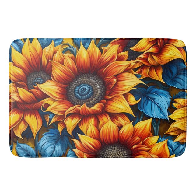 Tapis De Bain Fleurs de soleil jaune rouge et bleu (Devant)