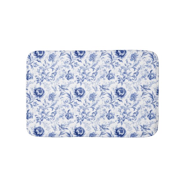 Tapis De Bain Fleurs de toile bleue et blanche dans un style cam (Devant)