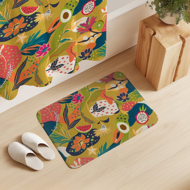 Tapis De Bain Fleurs d'île et fruits sur fond de moutarde (Créateur téléchargé)