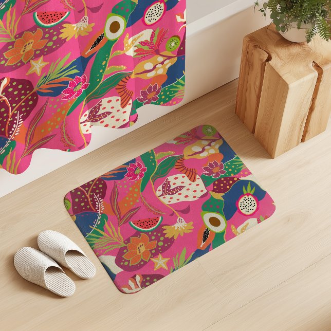 Tapis De Bain Fleurs d'île et fruits sur fuchsia (Créateur téléchargé)