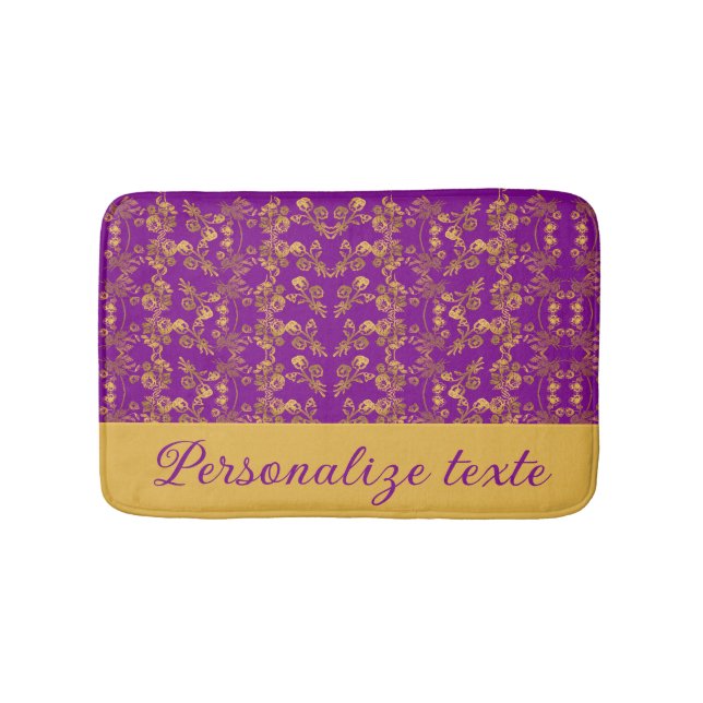 Tapis De Bain Fleurs d'or chic sur motif violet | CUSTOMISÉ (Devant)