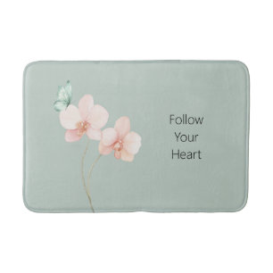 Tapis De Bain Fleurs d'orchidée rose papillon vert menthe