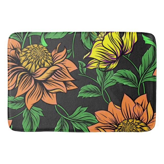 Tapis De Bain Fleurs éclatantes jaillissant d'un fond noir (Devant)