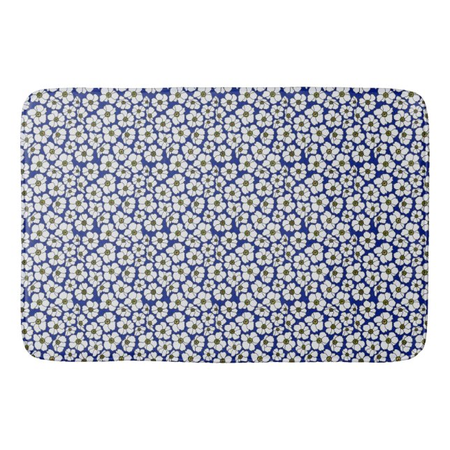 Tapis De Bain Fleurs en mini-impression sur fond bleu (Devant)