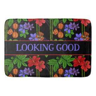 Tapis De Bain Fleurs et fruits tropicaux noirs de la jungle jama