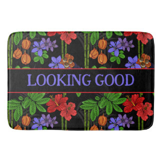 Tapis De Bain Fleurs et fruits tropicaux noirs de la jungle jama