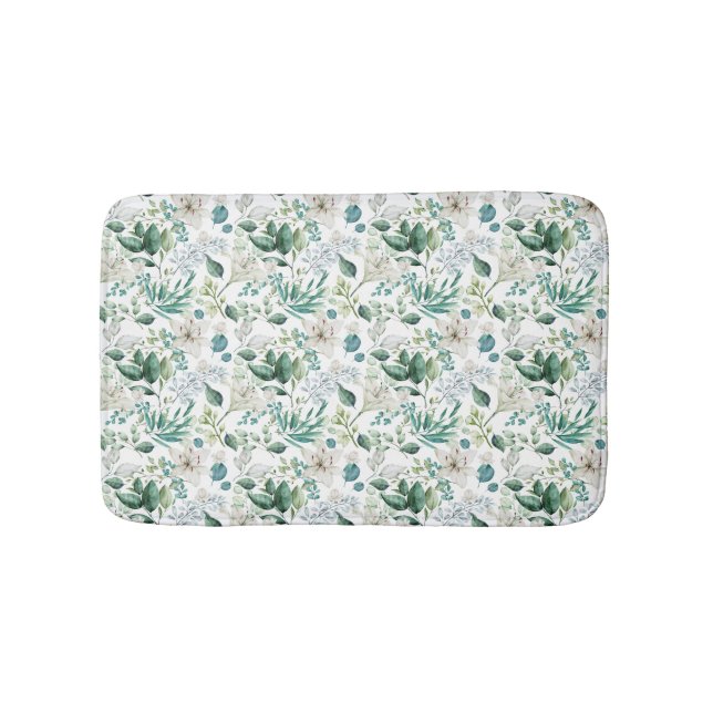 Tapis De Bain Fleurs florales blanches Verdure Eucalyptus Élégan (Devant)