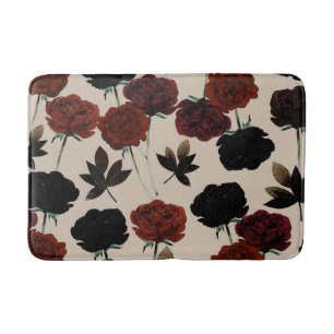 Tapis De Bain Fleurs foncées grasses rouges et beige noir botani
