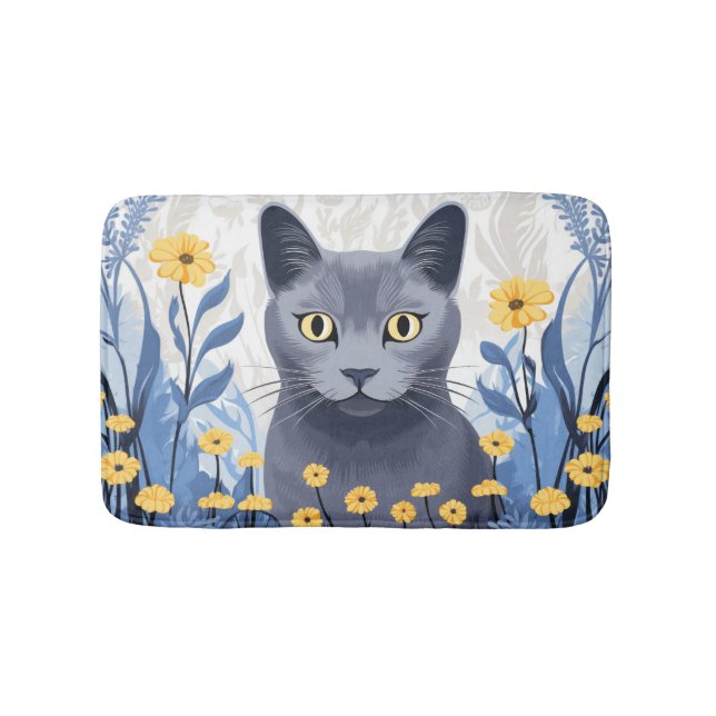 Tapis De Bain Fleurs Jaunes Chat Bleu Russe (Devant)