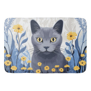 Tapis De Bain Fleurs Jaunes Chat Bleu Russe
