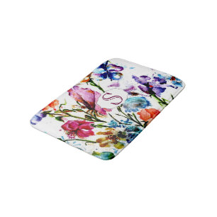 Tapis De Bain Fleurs lunatiques d'aquarelle avec le monogramme