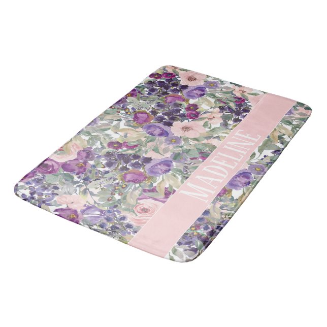Tapis De Bain Fleurs mignonnes Rose Violet Fille Votre Nom (Angle)