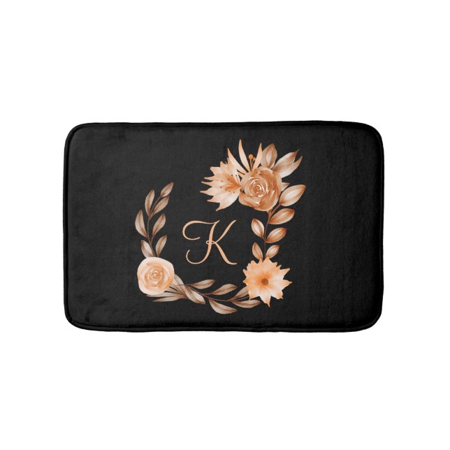 Tapis De Bain Fleurs noir marron et pêche avec monogramme  (Devant)