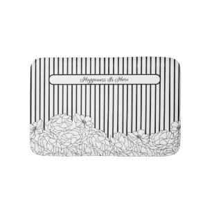 Tapis De Bain Fleurs noires et blanches avec bandes