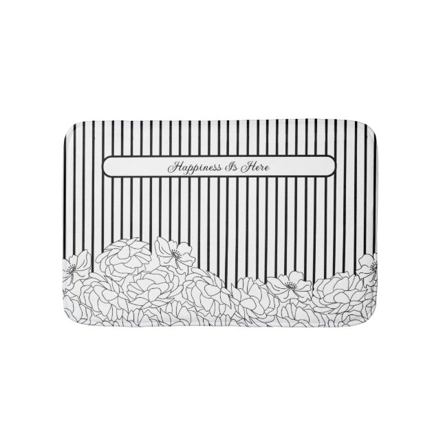 Tapis De Bain Fleurs noires et blanches avec bandes (Devant)