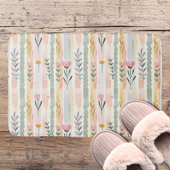 Tapis De Bain Fleurs rayées pastel aquarelle vintage (Créateur téléchargé)