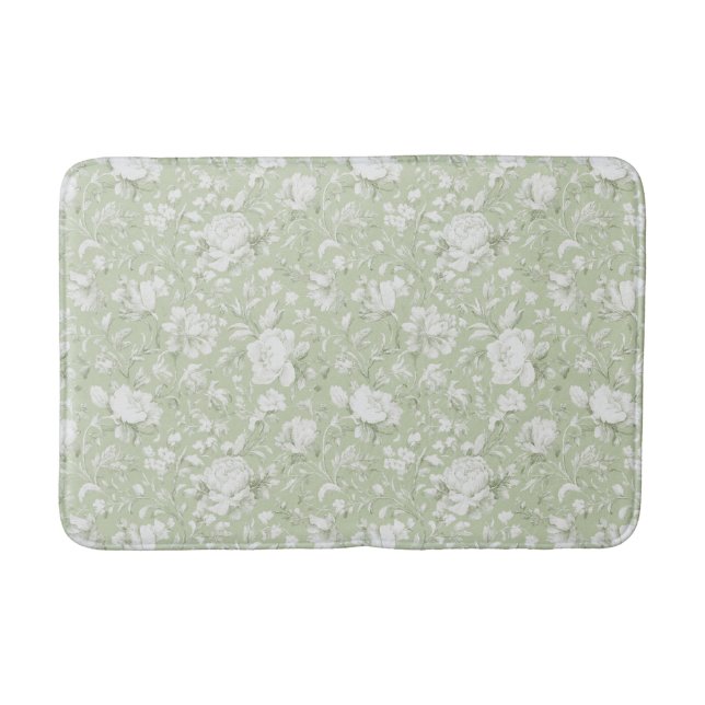 Tapis De Bain Fleurs romantiques vertes blanches   (Devant)