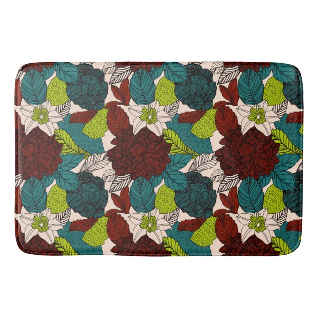 Tapis De Bain Fleurs Rose Foliage Vert Rouge Turquoise (Devant)