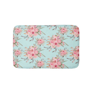 Tapis De Bain Fleurs rose pâle sur bleu clair